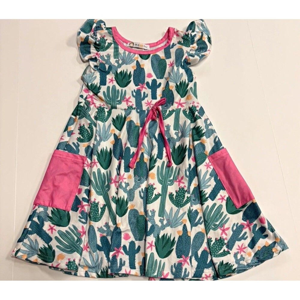 Okie and Lou Girls Multicolor Cactus A-Line Flutter Dress Pockets Bow Sz Xl